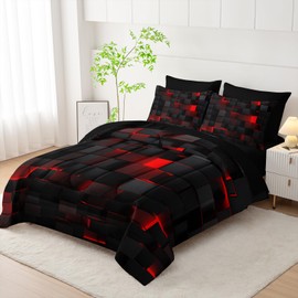 Nttopship Geometric Red Black Queen Comforter Set,Light Honeycomb Bedding Set 7 Piece in A Bag,Bed Sheet Set Geometry Decor,Microfiber Lightweight All Season