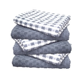 A & B TRADERS 100% Cotton Terry Tea Towels Packs (Sets of 2, 3, 6, 12 or 15) Egyptian Mono Check Superdry Soft Professional Hotel Quality Kitchen Dish Cloth (SILVER, 6)