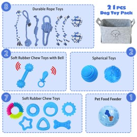 MRSOHRET 21Pcs Dog Chew Toys - Blue Series Puppy Chew Toys Bundle for Teething, Puppies Teething Toys with Durable Rope Rubber Ball Ring, Pet Interactive Toys for Small Medium Dogs with Basket