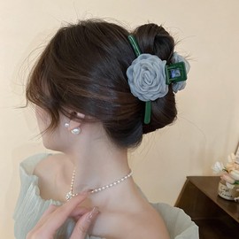Jumwrit Flower Hair Claw Clip for Women Big Strong Hold Large Chiffon Rose Hair Clip Fabric Floral Jaw Clip for Thin Thick Hair Cute Flower Hair Clamp Accessories (Green, Large)
