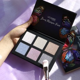 UCANBE Paleta de maquillaje iluminador de belleza, paleta de maquillaje en polvo brillante, 6 colores, perla, blanco, rubio, azul, morado, plateado, p