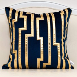 Alerfa 18 x 18 Inches Navy Blue Geometric Gold Leather Striped Cushion Cases Luxury European Throw Pillow Covers Decorative Pillows for Couch Living Room Bedroom Car 45 x 45cm