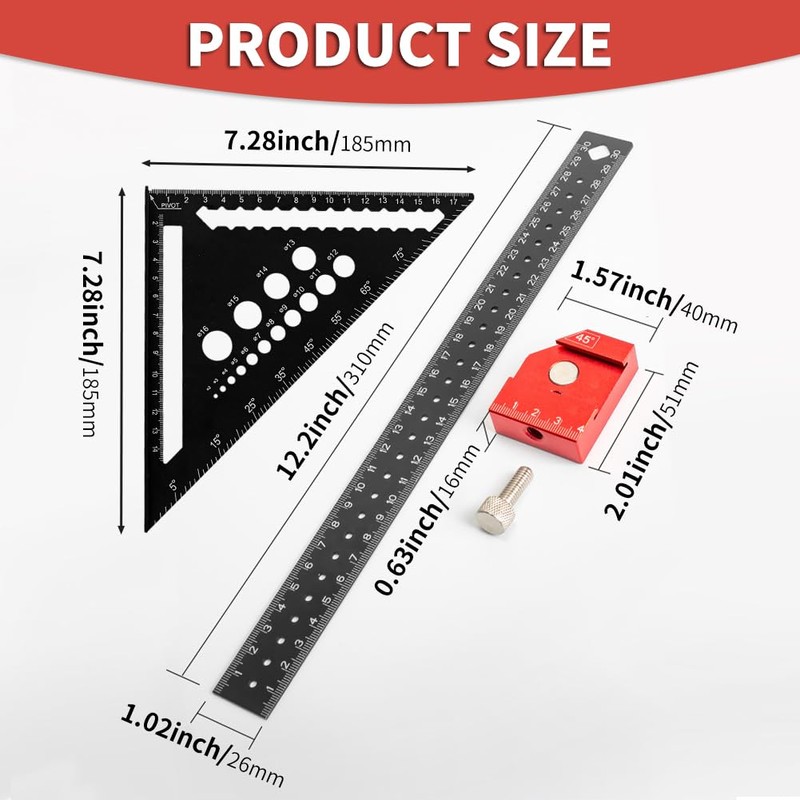 Woodworking Set Square Tool, 7 Inch Metric Triangle Scale Ruler