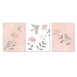 Lambs & Ivy Petals Pink/Gray/White Floral/Birds 11 by 14 Unframed Wall Art 3pc