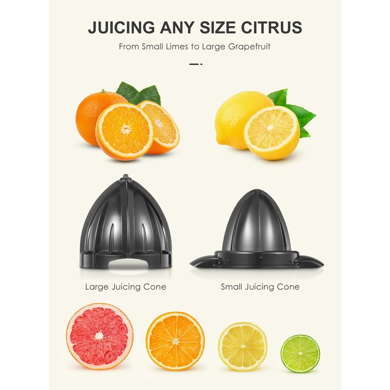 Electric Citrus Juicer Squeezer, Orange Juicer with Two Interchangeable Cones,
