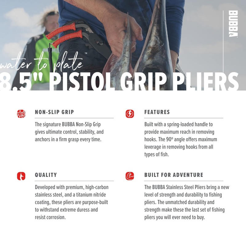 BUBBA 8.5" Pistol Grip Stainless Steel Pliers, Spring Loaded with