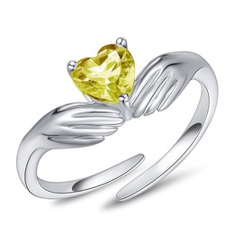 FOREVER QUEEN Heart Birthstone Ring 925 Sterling Silver Hug Ring for Women Adjustable Hugging Hands Come to My Arm Embrace Ring Birthday Anniversary Valentine Mother Day Gift