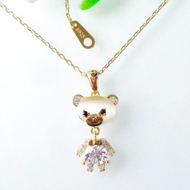 Hiqmic 925 Sterling Silver Cute Bear CZ Zirconia Pendant Necklace Clavicle Chain White Gold Plated Fashion Jewelry 16"+2", WA99146-Gold