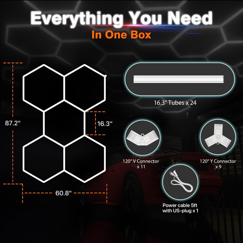 Litezone Hexagon Garage Lights : 3 Level Dimmable 168W Tube