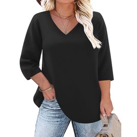 TFSDOD 3/4 Length Sleeve Womens Tops Solid Black Blouse V Neck T Shirts for Women Plus Size Tunic Casual Summer 2024 4XL