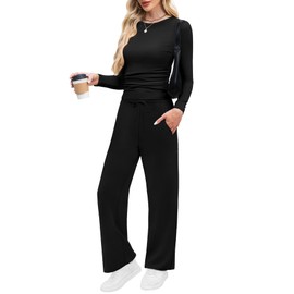 WIHOLL Lounge Sets for Women 2 Piece Outfits Fall Summer Break 2025 Vacation Clothes Comfy Travel Matching Sets Women Clothing Long Sleeve Pajamas Loungewear Soft 2000s Athleisure Black S