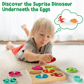 Wooden Puzzles for Toddlers 1-3 Montessori Toys for 1 Year Old Boy Girl Birthday Easter Gifts Dinosaur Match Eggs Peg Puzzles Preschool Learning Toys for Toddlers Age 1
