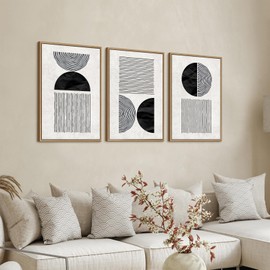 Framed Black and White Wall Art Canvas Set Mid Century Boho Pictures Modern Geometric Lines Circles Wall Decor Minimalist Bohemian Abstract Painting Artwork for Living Room Bedroom Office 16"x24"x3Pc