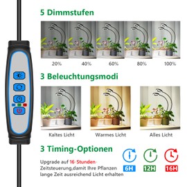 Eurbolan Plant Lamp LED Full Spectrum, Grow Light with Clip, 96 LEDs Full Spectrum Plant Lamp, LED Plant Lamp Growing with 3 Modes & 5 Dimming Levels, Auto On & Off Timer 6/12/16H, (660 nm/3000 k/6000