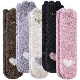 Yebing Fuzzy Socks for Women Fluffy Slipper Winter Warm Cozy Plush Sleep Heart Gift Socks 5 Pairs Heart A