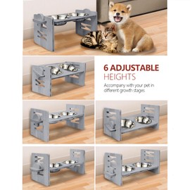 YIFAN Elevated Dog Bowls, Adjustable Raised Dog Food Bowl Stand, 2 Stainless Steel Bowls and Non-Slip Feet, Sturdy Bamboo Feeder for Small Dogs and Cats,Grey