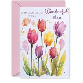 Nan Birthday Card - Watercolour Tulips Flowers - Happy Mothers Day Card for Nan from Grandson Granddaughter, A5 Female Floral Bday Greeting Cards