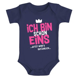 MoonWorks® Baby Bodysuit with German Text "Ich Bin Schon 1 jetzt wird's gefährlich (German Language") Short Sleeve Cotton Bodysuit with Funny, I Am 1 Navy-Pink