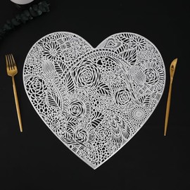 Hosoncovy Heart Shaped Placemats Set of 4,Table Mats Set Washable PVC Non-Slip Heat Resistant Table Place MatsCoffee Coaster for Kitchen and Dining Room for Wedding (Silver)