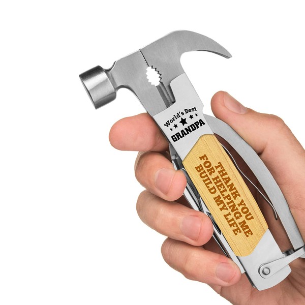 Multitool Camping Hammer for Men - Multi Purpose Gifts for Grandpa with Engraved Sentiments and Carrying Case - Stainless Steel and Pine Wood - Perfect for Camping Trips and Home Project