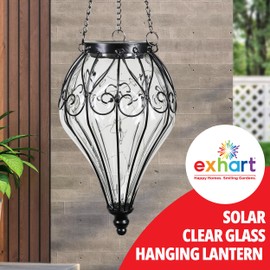Exhart Garden Solar Lights, Tear Shaped Hanging Lantern, Outdoor Clear Glass and Metal Decoration, 15 LED Firefly Lights, 6.5 x 6.5 x 23.5 Inch