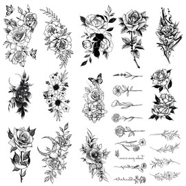 15 Blumen-Tattoo-Aufkleber, schwarze Tattoo-Aufkleber für Erwachsene, temporäre Tattoo-Aufkleber, wasserfeste Arm-Tattoo-Aufkleber für erwachsene Jungen und Mädchen, Arme, Füße und Taille