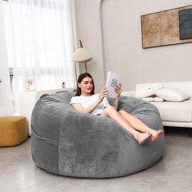 Giant Bean Bag Chair for Adults Kids Oversize Beanbag Chair Cover Without Filler Round Soft Fluffy Comfortable Big Bean Bag Chairs for Bedroom,Study,Game Room Large Sofa Sitting Chair Grey,6FT