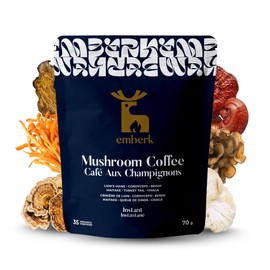 Emberk Organic Instant Mushroom Coffee - 35 Servings of Arabica Coffee with Six 100% Fruiting Body Mushrooms for Mental Clarity, Sustained Energy, Gut Health and Immune Support - 70g