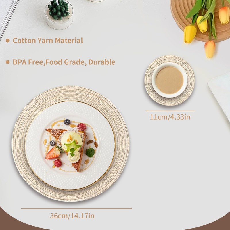 Aiyraa 6-Piece Round Table Placemats & Coaster Set Beige, Cotton
