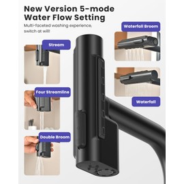 YUHUBY 3 Hole Kitchen Faucet with Pull Down Sprayer 5 Modes, Black Kitchen Faucet with Soap Dispenser, Matte Black Kitchen Sink Faucet, Waterfall Kitchen Faucet 3 Hole, Stainless Steel Kitchen Faucet