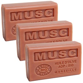 Label Provence Nature Savon de Marseille – pflegende französische Seife aus reinem Bio-Olivenöl und Sheabutter – Moschusduft – 125 g Riegel – 3er-Set