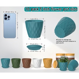 zople 10 Pack 5 Inch Plant Pots with Drainage and Saucers, Multicolour Plastic Flower Pots for Indoor and Outdoor Plants, Stackable Nursery Planters for Houseplants and Herbs, Multicolour