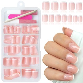Bellelfin 120Pcs White French Tip Press on Nails Short Square Fake Nails, Full Cover Glossy Pink False Nails Acrylic Glue on Nails Cute Artificial Fingernails for Women Girls