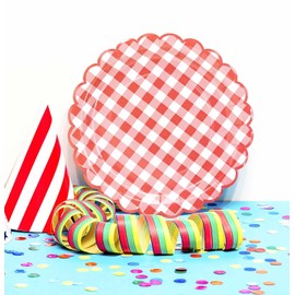 HEIPINIUYE 50 Pieces Red Checkered Paper Plates 7 Inch Red Gingham Scalloped Plates Disposable Dinner Plate for Wedding Baby Shower Birthday Party Dessert Plate