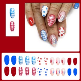 Independence Day Press On Nails Short Almond Fake Nails Blue Red False Nails With Star Designs 4th of July Nails Press Ons Full Cover Glue On Nails Glossy Artificial Stick On Nails For Women
