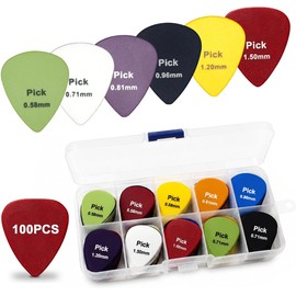 100PCS Púas para Guitarra con Caja Plumillas para Guitarra Electrica Acústica 6 Grosores Mixtos Plectros ABS de Superficie Mate Guitar Picks Púa de Bajo para Principiantes Profesionales 8 Colores