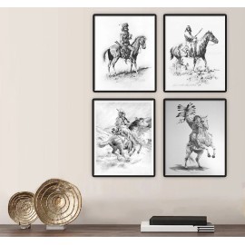 Native American Remington Native American Indian B&W Art Prints Set of 4 Vintage Wall Decor 8x10