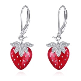 URONE Strawberry Earrings 925 Sterling Silver Strawberry Dangle Earrings Strawberry Fruit Jewelry for Women