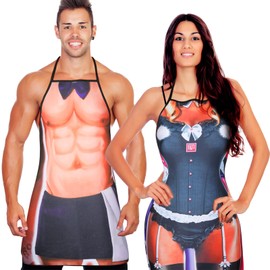 2 Piece Funny Gift Set for Men Women Novelty BBQ Apron Muscle Cooking Aprons Adjustable Waterproof Kitchen Apron for Christmas BBQ Party Adults Couples, Rabbit Style