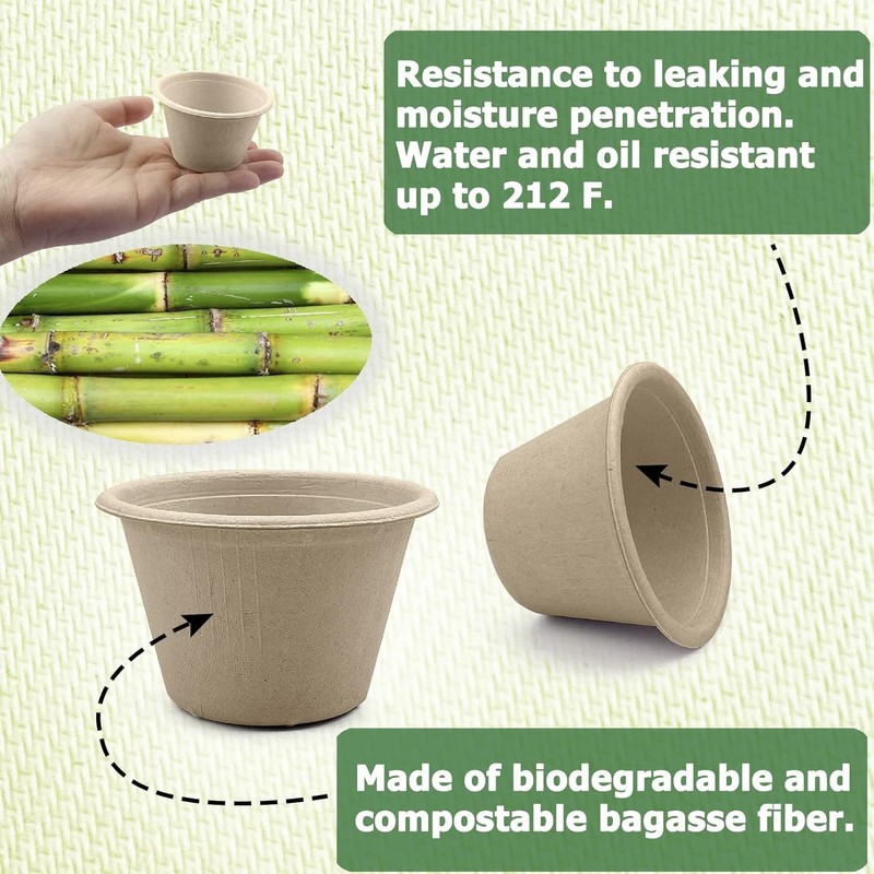 SAHENITEANA Bagasse Fiber Souffle Cups, 100% Biodegradable, Mini Paper Disposable