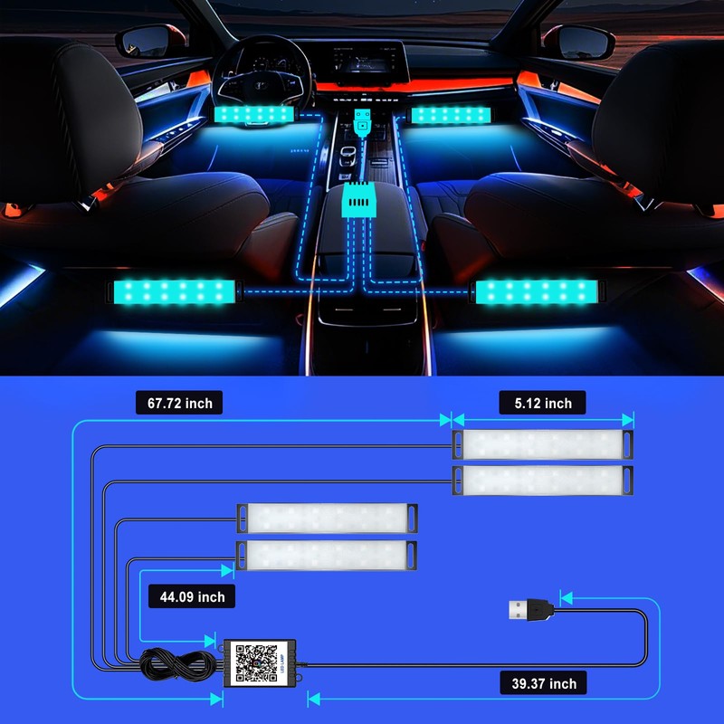Honalia Interior Car Lights, 4Pcs Car LED Lights with Music