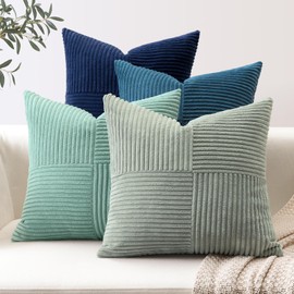 OTOSTAR Set of 4 Blue Decorative Throw Pillow Covers 18x18 Inch Summer Striped Corduroy Square Pillow Cases Boho Farmhouse Cushion Cover for Sofa Couch Bedroom Living Room with Invisible Zipper