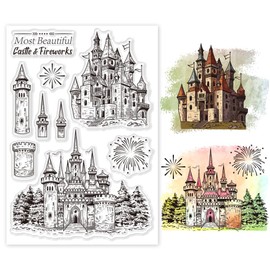 GLOBLELAND Castle Clear Stamps Fireworks Transparent Stamp Retro Castle Flat Blessings Words Silicone Stamp Seals for DIY Scrapbooking Photo Album Decorative Cards Making 6.3x4.3inch