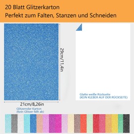 Altaroo Pack of 20 Glitter Paper for Crafts 29 x 21 cm, Glitter Paper 20 Colours, Glitter Paper, Craft Paper Set Children for Making Greeting Cards, Party Decoration Flags, Gift Boxes