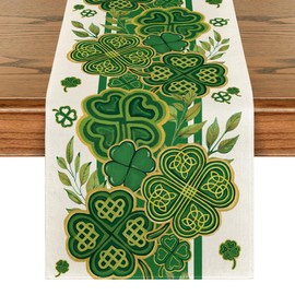 Artoid Mode Leaves Clover Shamrocks Stripes St. Patrick's Day Table Runner, Holiday Kitchen Dining Table Decoration for Home Party Decor 13x72 Inch