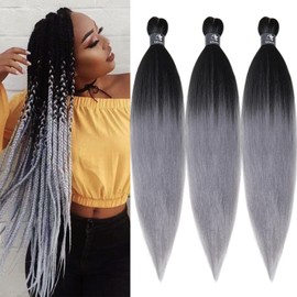 Pre Stretched Braiding Hair Ombre Black Silver Grey Braiding Hair Pre Stretched Kanekalo 26 Inch Long Prestretched Braiding Hair Ombre Synthetic Hair for Braiding Extensions UPruyo (3 Packs)