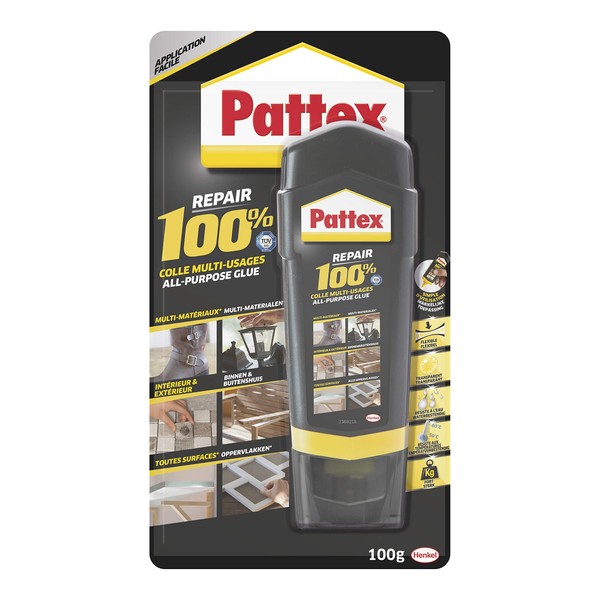 Pattex Repair 100% Colle Multi-usages, colle forte transparente pour tous types de travaux à l’intérieur et l’extérieur, colle liquide multi- matériaux, 100 g