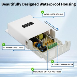 Outdoor Waterproof 5A 4 Channel 12V Power Supply Adapter - Adjustable to 13.8V & 15V to Prevent Voltage Attenuation, AC in 100-240V 50-60Hz for CCTV Cameras, IP, PTZ Systems, IR Illuminators