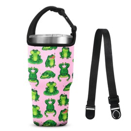 WIRESTER Tumbler Carrier Holder Pouch with Shoulder Strap, Reusable Tumbler Sleeve with Carrying Handle for 30oz Insulated Coffee Mugs - Green Frog Pattern