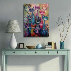 Colorful Cat Canvas Wall Art, Whimsical Cats Print, Modern Abstract Animal Decor, Funky Home Decoration Ready To Hang (16"x24")